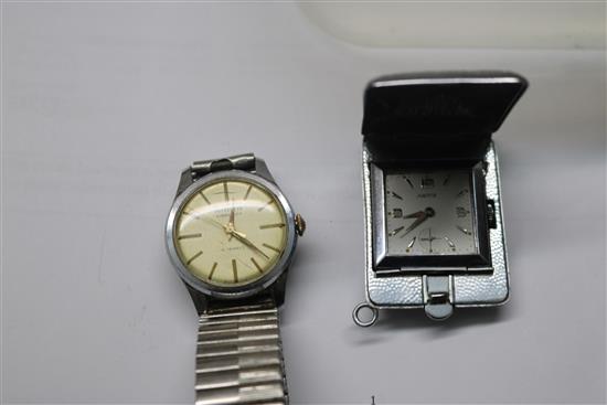 Ten assorted gentlemens wrist watches including, Baume, Roamer Avia and Junghans and a travelling watch.